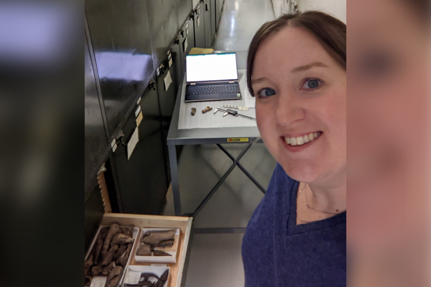 Rachel Short, Ph.D., collecting data on fossil ankles in the Smithsonian National Museum of Natural History.