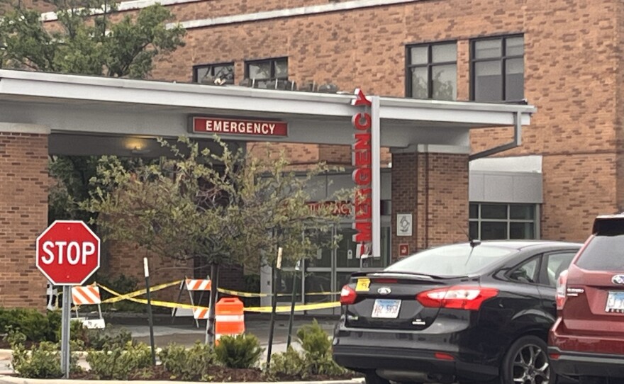 Roof damage at OSF St. Joseph Medical Center in Bloomington led to the hospital closing to trauma. Ambulances are being diverted elsewhere.