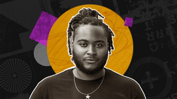 KB Brookins stands in front of a yellow circle with magenta squares surrounding the background.
