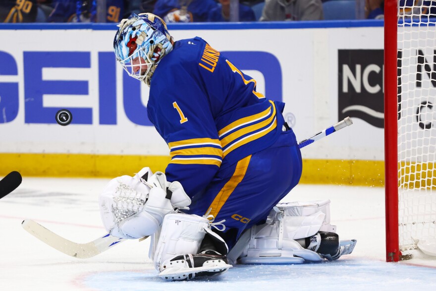 Buffalo Sabres goaltender Ukko-Pekka Luukkonen makes a save during the second period in Game 7 of a second-round NHL hockey Stanley Cup playoff series against the Montreal Canadiens, Monday, May 18, 2026, in Buffalo, N.Y. (AP Photo/Jeffrey T. Barnes)