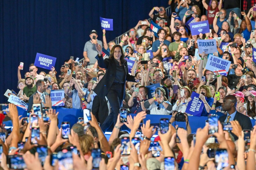 Vice President Kamala Harris greets supporters during her campaign rally at Wilkes University.