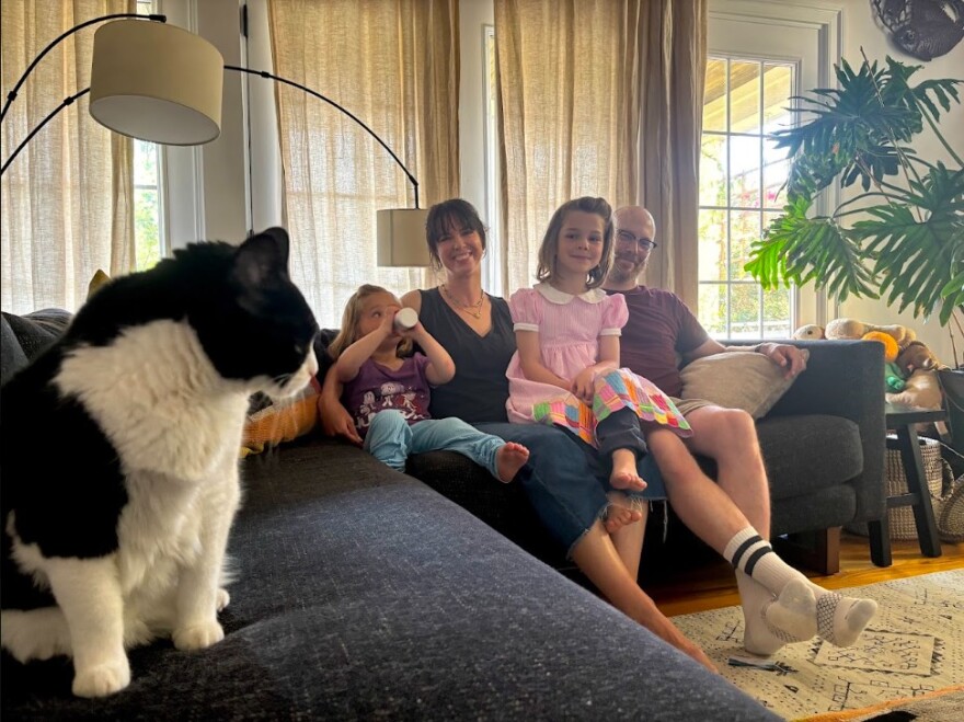 (L to R) Charlottesville preschooler Lena, 3, mom Claire Peyton, Naomi, 6, and dad Jonathan Katz. Naomi, a "pandemic baby," is named after Peyton's great grandmother who died in 1919 of influenza.
