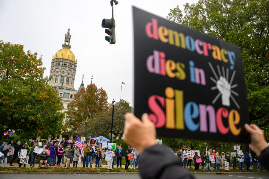 NoKings protestors demonstrate outside the Connecticut State Capitol in Hartford, Connecticut on October, 17, 2026.