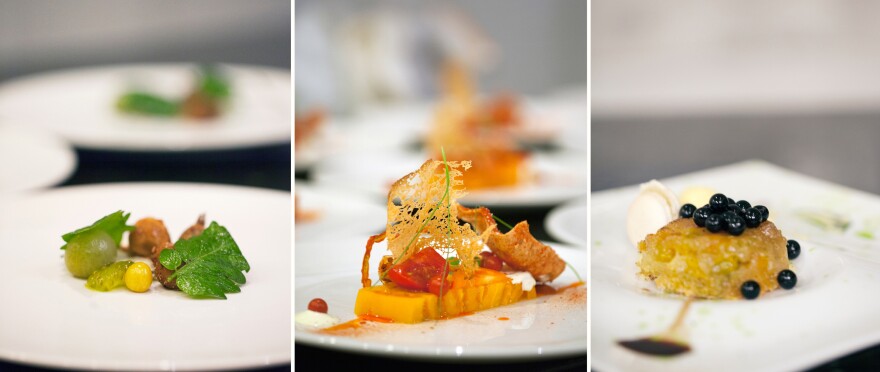 Three dishes from the Tomato Showcase dinner at the Culinary Vegetable Institute: (from left) green tomatoes, pickled and fried, with tomato leaves; tomato salad; and a dessert inspired by Caprese salad.