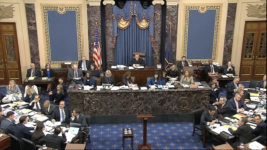 In this image from video, presiding officer Chief Justice of the United States John Roberts listens during the impeachment trial against President Donald Trump in the Senate at the U.S. Capitol in Washington, Thursday, Jan. 30 2020.