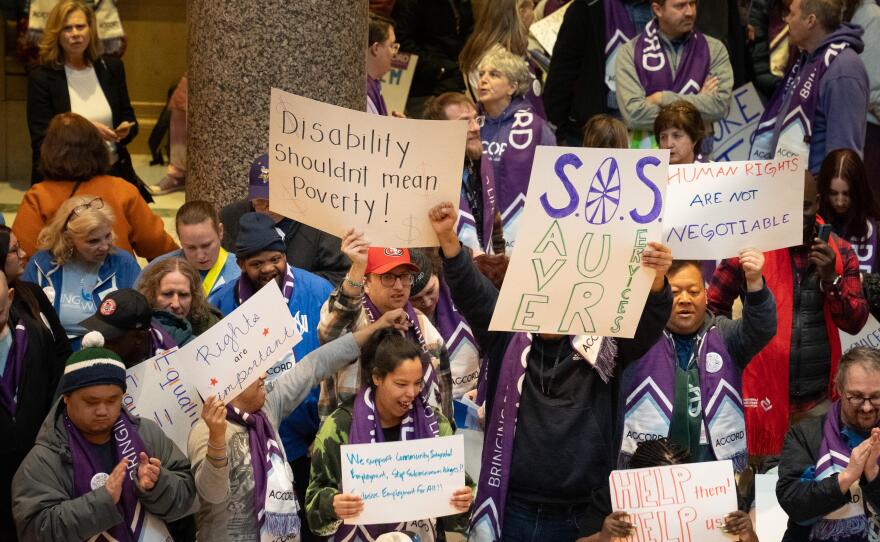 Advocates gather for Disability Day at the Minnesota State Capitol in St. Paul on Tuesday, March 24, 2026, where community members and service providers met with lawmakers to discuss proposed cuts to disability services.