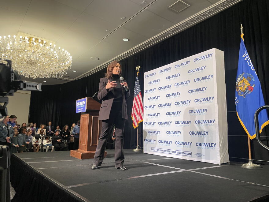 Former Vice President Kamala Harris campaigns for Democratic gubernatorial candidate David Crowley in Milwaukee on Oct. 26, 2026.