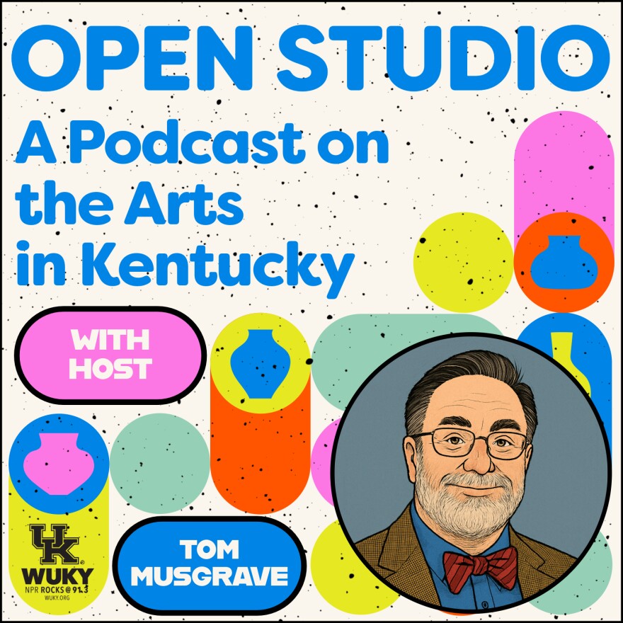 Open Studio Podcast Logo. A podcast on the arts in Kentucky with host Tom Musgrave. Features colorful abstract shapes and a cartoon rendering of Tom Musgrave.
