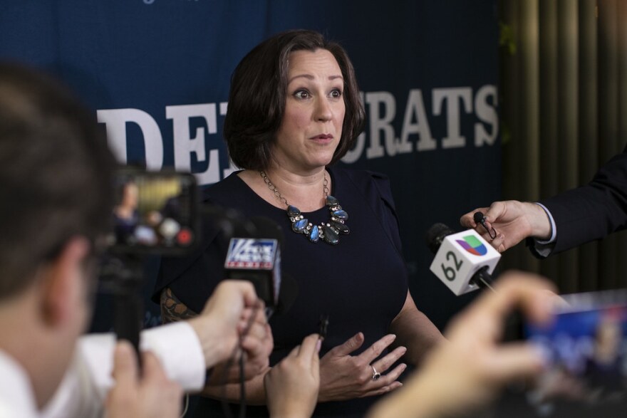  MJ Hegar, Democratic candidate for U.S. Senate, speaks to the media. 