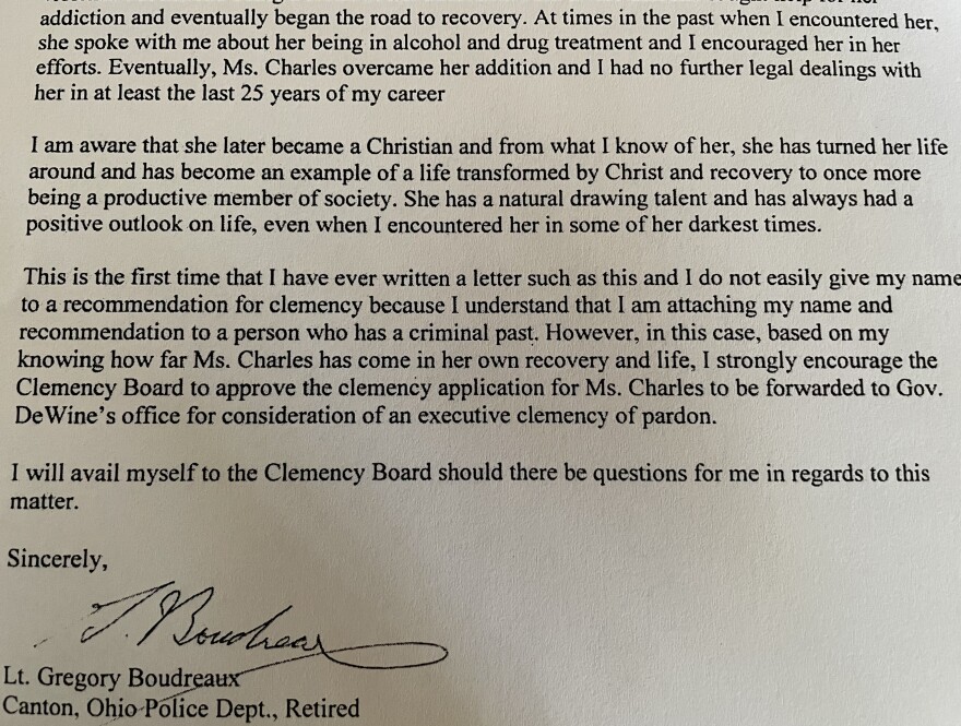 A letter from Canton Police Lt. Greg Boudreaux in support of Maureen Charles' application for an expedited pardon.