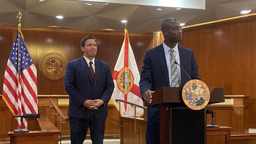 Surgeon General Joseph Ladapo, shown last month with Gov. Ron DeSantis, issued a statement Tuesday about an incident with Sen. Tina Polsky, D-Boca Raton.