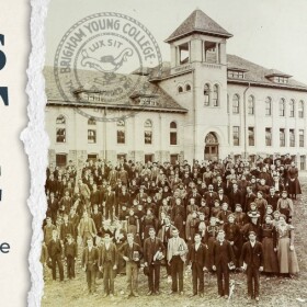 Logan's lost college: Remembering Brigham Young College 100 Years Later. A black-and-white photo of a large group of people in front of an old building. 