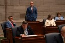 Senate Majority Leader Tony Luetkemeyer, R-Parkville, center, speaks during a special session on Wednesday at the state Capitol in Jefferson City.