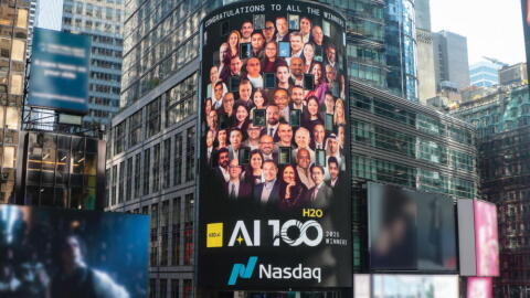 Winners of the H2O AI 100 Awards are featured on the Nasdaq MarketSite tower in Times Square, New York. The annual program recognizes leaders driving real-world impact with artificial intelligence across enterprise, government, research, and AI for good. (Business Wire via The Associated Press)