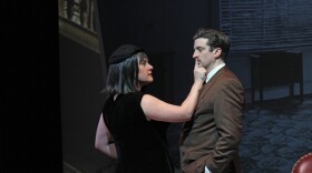 Photo of Caitlin Cavannaugh and Ryan Patrick Welsh in "The 39 Steps" at Williamston Theatre