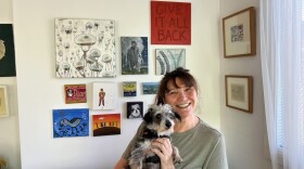 Aboriginal artist Tess Alice with her dog. (Deepa Fernandes/Here & Now)