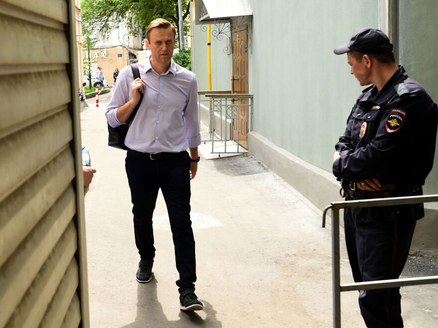 Russian opposition leader Alexei Navalny, pictured here at Moscow's courthouse in May, was released from custody on Thursday. He said on Instagram that the prison where he was held for a month has been decked out for World Cup fans.