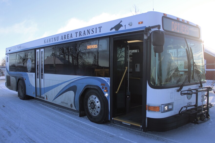 A Kahtnu Area Transit bus is parked outisde the Kenai Chamber of Commerce and Visitor Center on Wednesday, Nov. 19, 2025 in Kenai, Alaska.