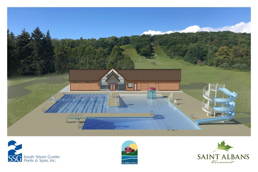 A rendering of a pool at the bottom of a green hill.