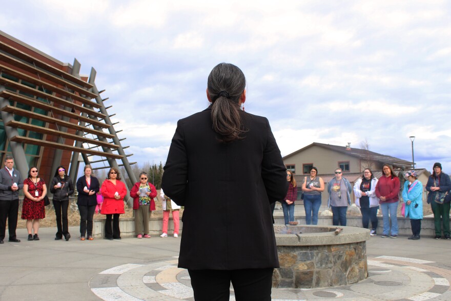 Kenaitze Indian Tribe Family and Social Services Director Maria Guerra speaks to attendees at a candlelight vigil observing Missing and Murdered Indigenous Peoples Day on Tuesday, May 5, 2026 in Kenai, Alaska.