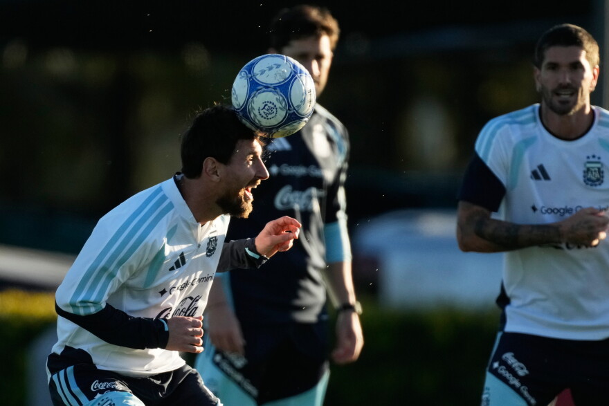 Argentina's Lionel Messi trains for his final game with the national team, an international friendly soccer match against Benin, in Buenos Aires, Argentina, Monday, Oct. 5, 2026. (AP Photo/Gustavo Garello)