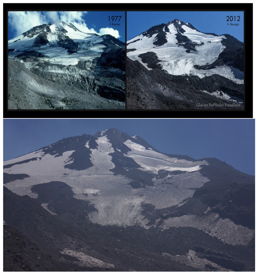  Bolam glacier on the north side of Mount Shasta photographed in 1977, 2012 and 2018. Warming temperatures have been causing the seven glaciers on Mount Shasta to shrink. 