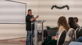 Joel Barnes provides a pepooni hatfo'keewe hotaatota (winter stories introduction), emphasizing the importance of holding an event that preserves the Shawnee people's culture and language on December 7, 2024, in Miami, Oklahoma.