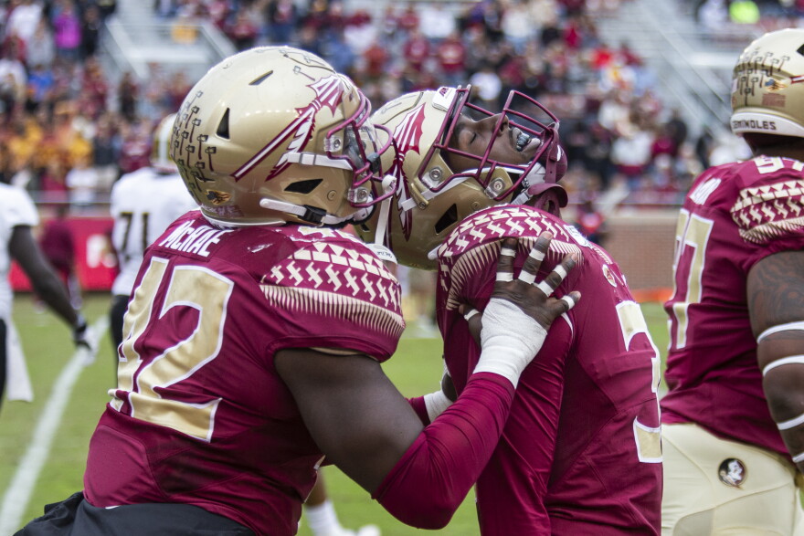 Florida State defensive back Raymond Woodie lll reacts to his interception and 51 yard return against Alabama State being called back for offensive holding in the second half of an NCAA college football game in Tallahassee, Fla., Saturday, Nov. 16, 2019. Florida State defeated Alabama State 49-12. (AP Photo/Mark Wallheiser)