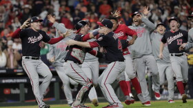The Washington Nationals celebrate after Game 7 of the World Series against the Houston Astros Wednesday, Oct. 30, 2019, in Houston. The Nationals won 6-2 to win the series. (David J. Phillip/AP)