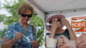 Two taste-testers feel the burn after eating freshly blended horseradish at the festival in Collinsville, Illinois.
