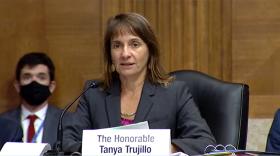a woman sits at a desk in front of a microphone