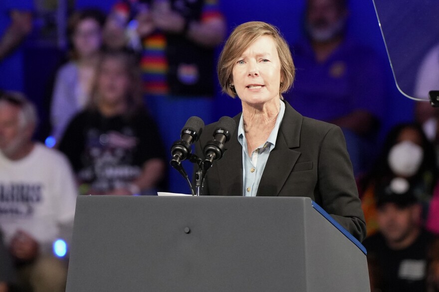 State senator Rachel Hunt, D-N.C., speaks at a campaign event for Democratic presidential nominee Vice President Kamala Harris at East Carolina University, Sunday, Oct. 13, 2024, in Greenville, N.C. (AP Photo/David Yeazell)