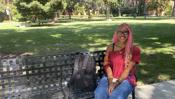 Chico State freshman Malaya Woods of Sacramento on her first day of classes in Chico, California on Monday, August 24, 2026.