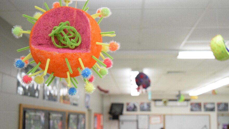 A bacteria model hanging from a classroom ceiling.