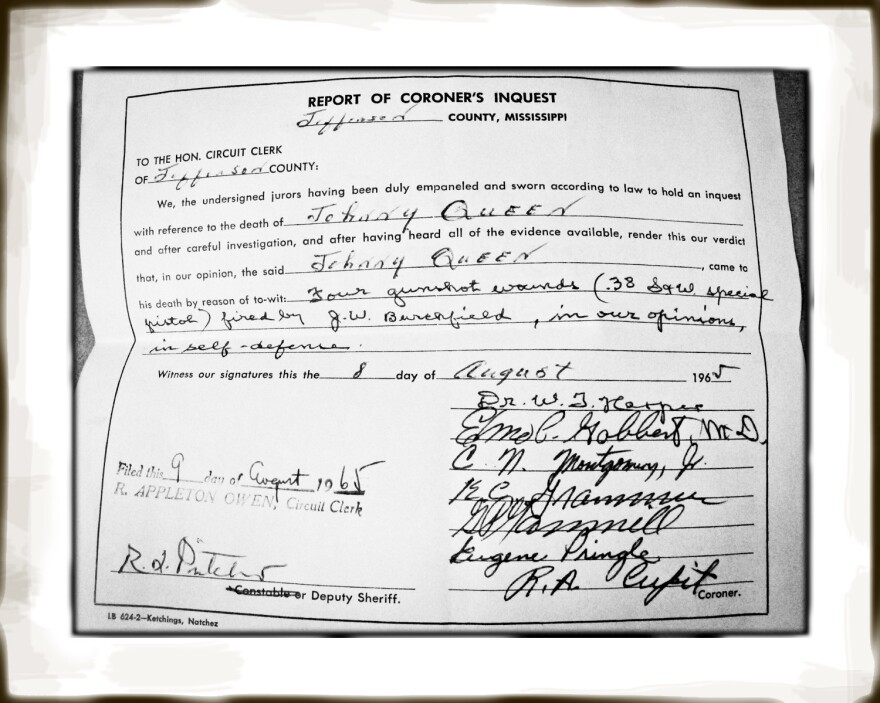 A coroner's jury formed by the deputy sheriff quickly reached a conclusion in Queen's death. The official document reads that Queen died of "four gunshot wounds" fired by Burchfield "in self-defense."