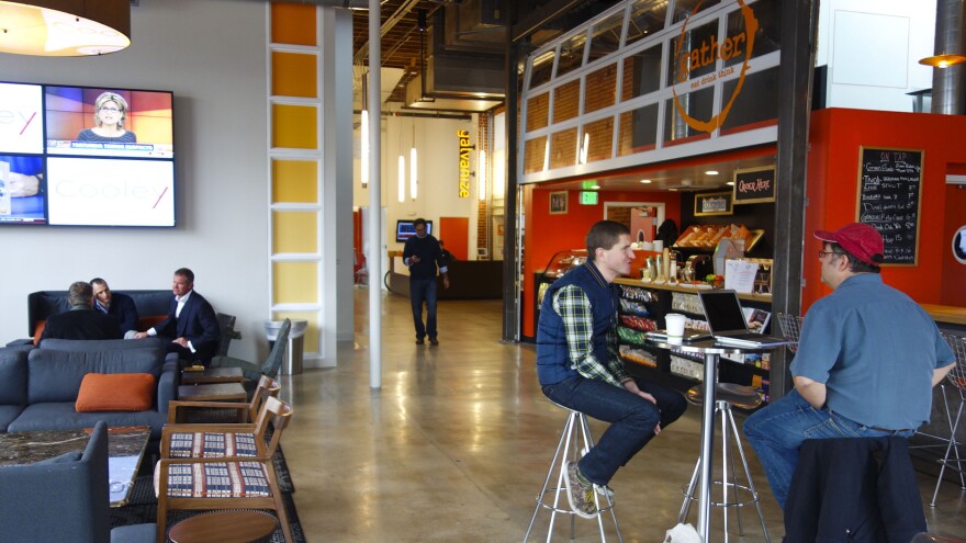 The lobby entrance to Galvanize is a bar and a coffee shop.