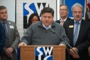 Gov. J.B. Pritzker addresses students and community leaders at Southwestern Illinois College in Belleville.