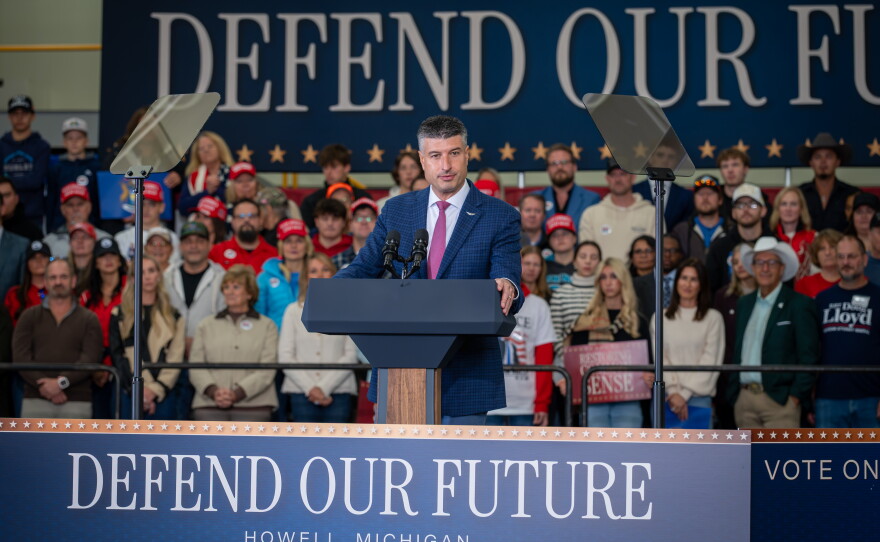 Congressman Tom Barrett appears at a Republican rally in Howell on October 27, 2026.