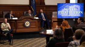 House Democratic Leader Hakeem Jeffries and Rep. Joe Morelle listen to Natalie Sheppard, Deputy Commissioner of the Monroe County Board of Elections speak at a voter protection shadow hearing at Rochester City Hall.