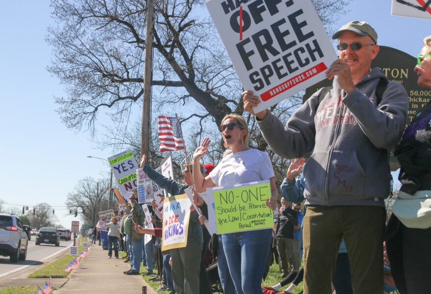Protesters gather at Paducah's Bob Noble Park as part of the No Kings nationwide movement on March 28.