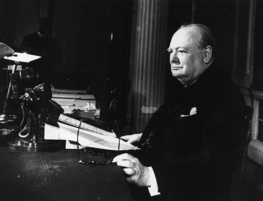 Churchill makes his broadcast to the world on V-E Day, May 8, 1945.