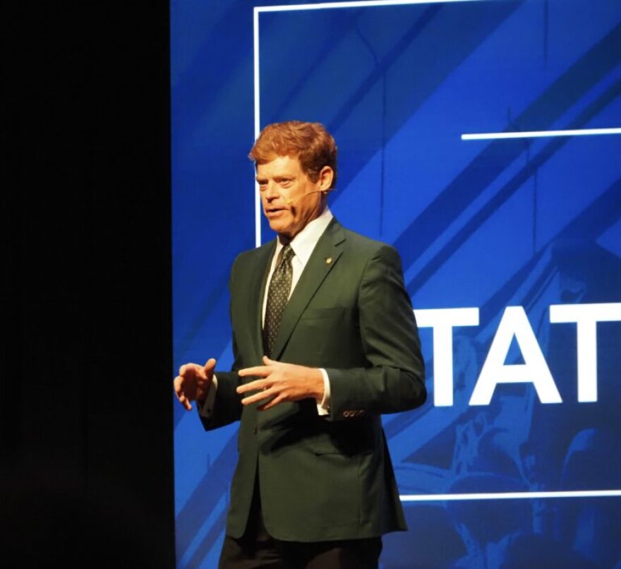 State Chamber executive committee chairperson Rick Nagel speaks at the State of Business Forum at the National Cowboy & Western Heritage Museum in Oklahoma City.