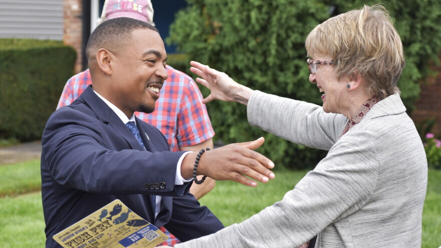 Columbus City Council President Shannon Hardin hugs Broad Street Presbyterian Church Pastor Amy Miracle at an event on August 20, 2026 announcing his run for mayor in 2027.