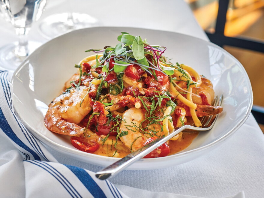 Chitarra with prawns, sun-dried tomatoes, fresh basil and arugula at Beech