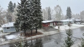 Snow accumulating in downtown Fairbanks on the morning of May 6, 2024.