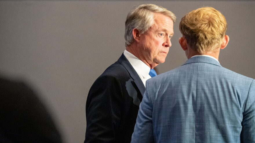 U.S. Sen. Roger Marshall prepares to speak to a group of Kansas business leaders on Aug. 27, 2026, in Olathe.