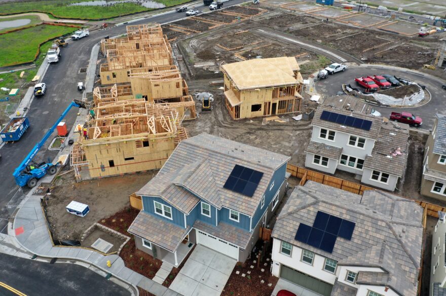 An aerial view of homes under construction at a housing development  in Petaluma, California. According to a report by the U.S.  Commerce Department, new home sales surged 17 percent higher in November with a seasonally adjusted annual 657,000 rate. 