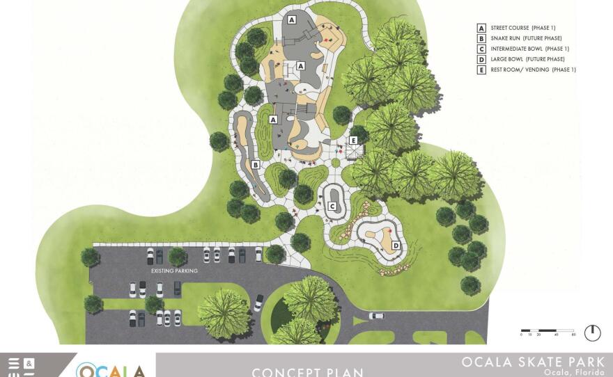 An April 2018 design for Ocala Skate Park showing the plans for a snake run and two bowls adjacent to the street course. (Courtesy: Ocala City Council)