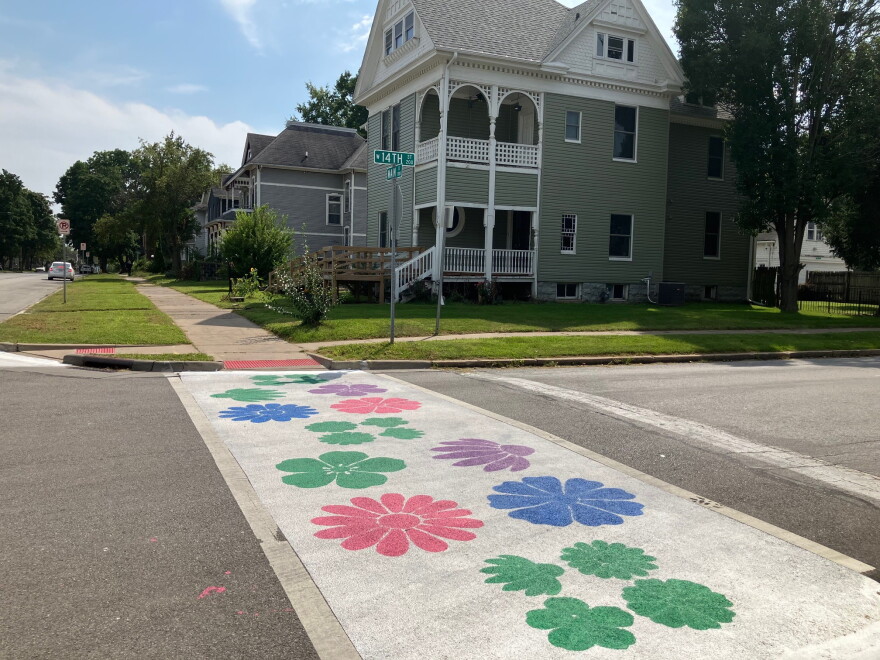 One of four newly painted crosswalks at 14th and Main streets, Davenport.
