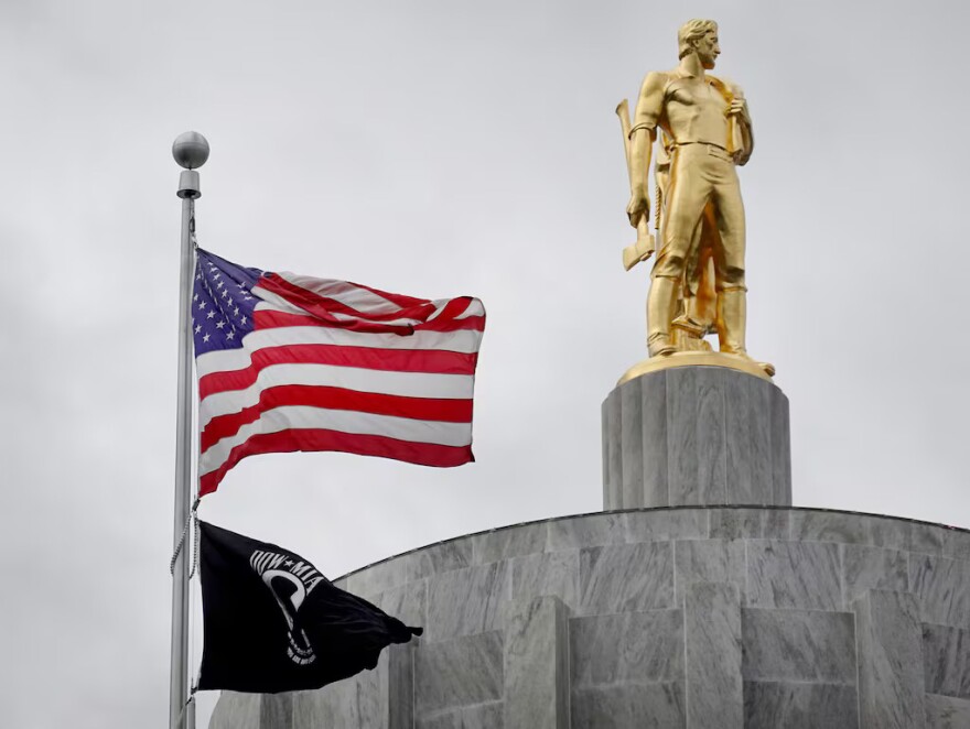 An American flag waves at the Oregon State Capitol on June 27, 2026.
